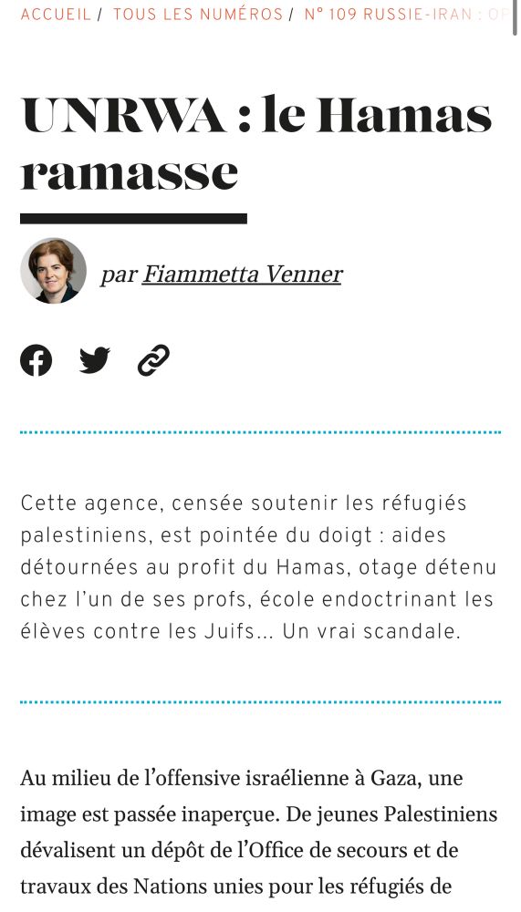 Article Franc Tireur dénigrant l'UNRWA