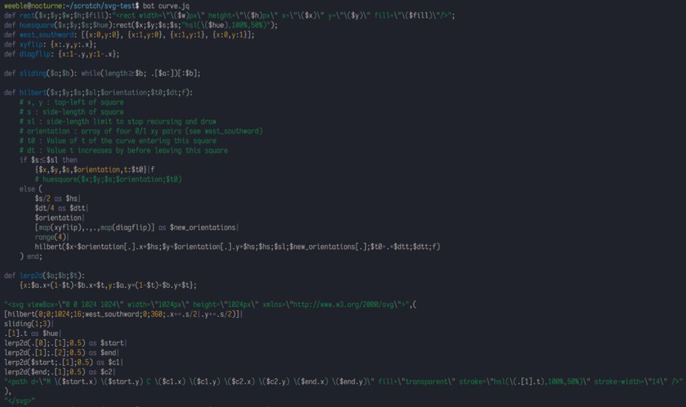 Source code for the jq script. It's about a page long and uses some pretty opaque variable names like s, sl, t0, dt and dtt. But it does have some text explaining the parameters to its main, recursive "hilbert" function, and we can see that it generates fragments of XML, specifically SVG. The full text is in the linked gist. 