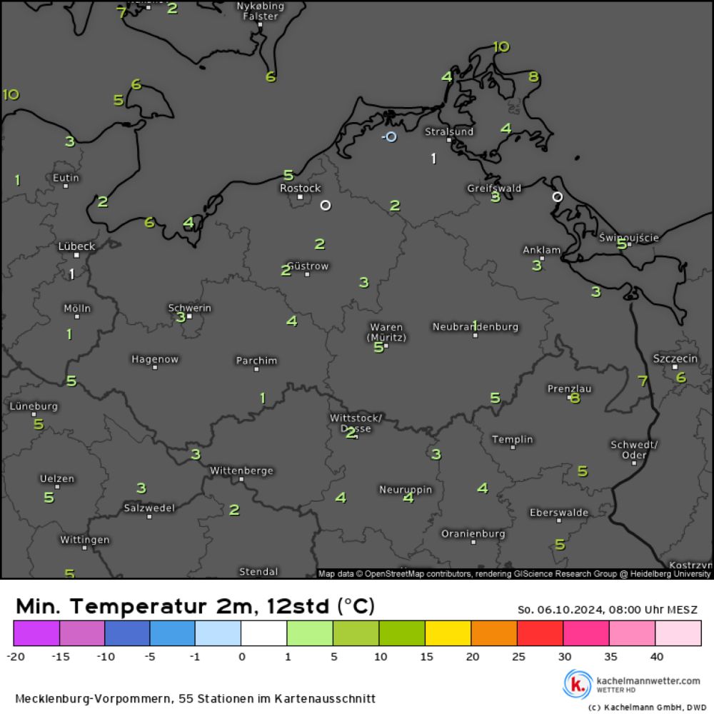 Min. Temperatur 2m, 12std, Messwerte Mecklenburg-Vorpommern vom 06.10.2024, 08:00 Uhr