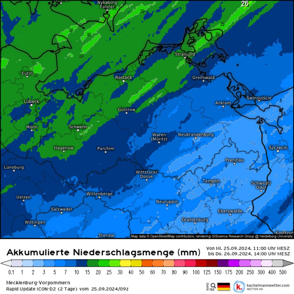 Modellkarten für Mecklenburg-Vorpommern (Akkumulierte Niederschlagsmenge) | Rapid Update ICON-D2 (2 Tage)