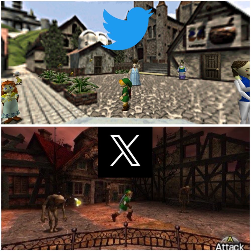 zelda oot hyrule castle before as twitter and after as X