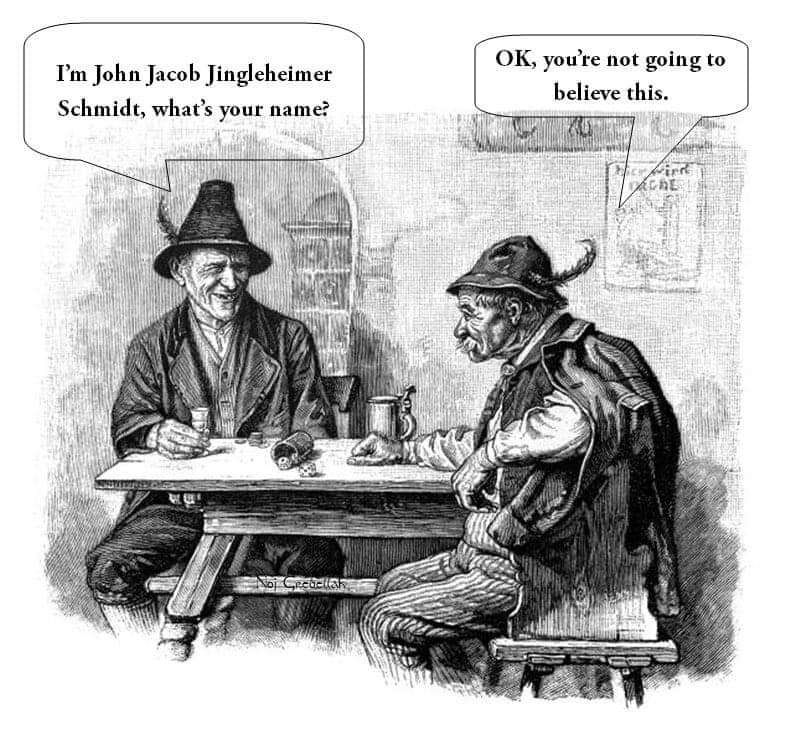 Two men named John Jacob Jingleheimer Schmidt introducing themselves.