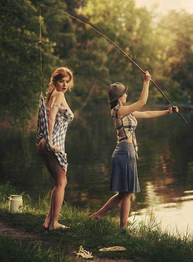 Two young women fishing.