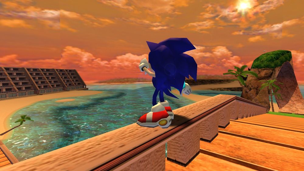 sonic standing on a barrier at emerald coast, looking over at the hotel 