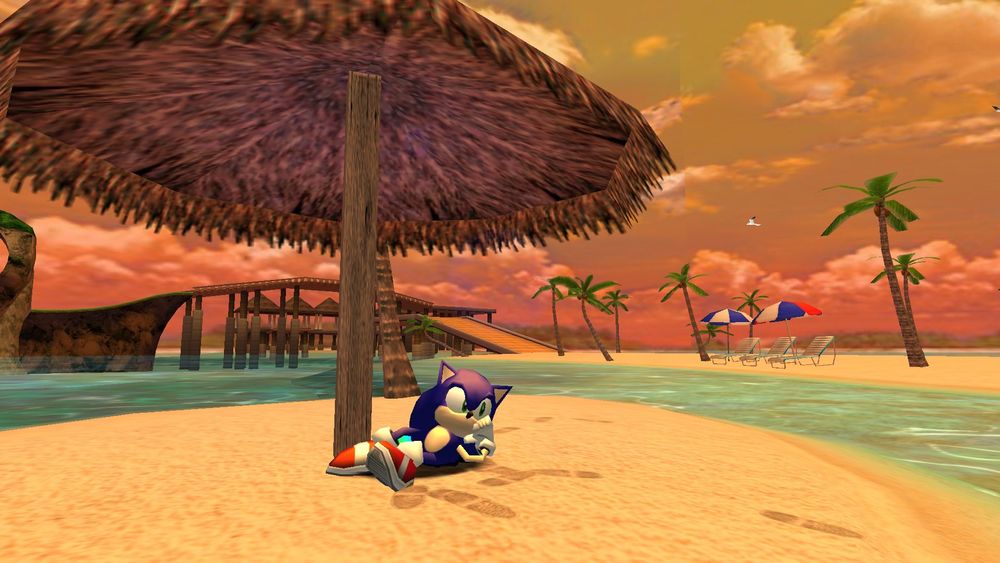 sonic relaxing underneath a parasol in emerald coast at sunset 