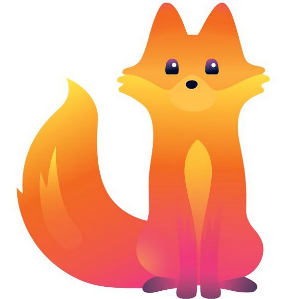 Illustration eines stilisierten, sitzenden Fuchses mit gradientenfarbigem Fell in Orange, Pink und Gelb, großen Augen und aufmerksamer Haltung.