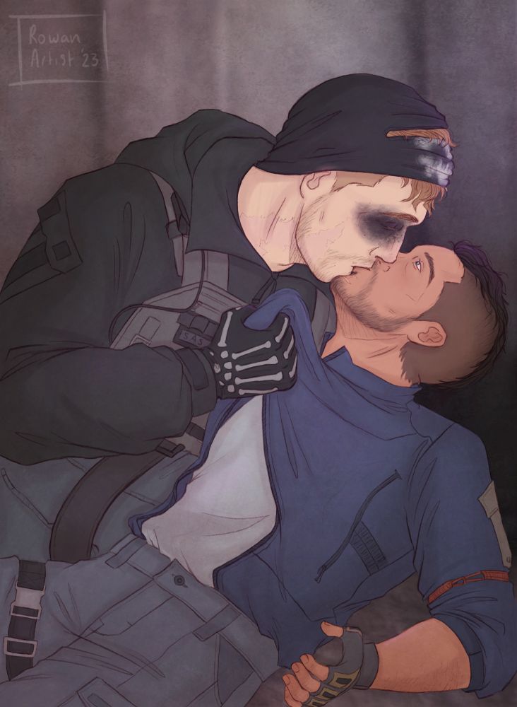 An illustration of Ghost holding Soap by his jacket, kneeling next to him on the ground and pulling him into a kiss. He has his mask pulled up.