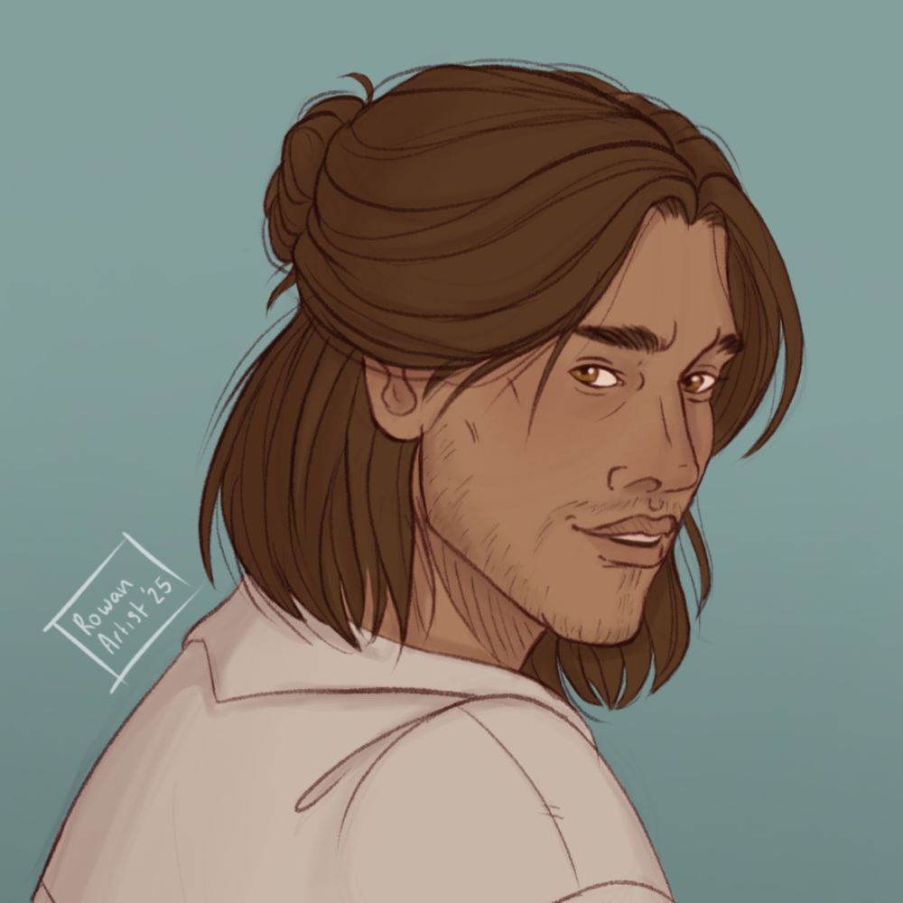 A portrait of a human with shoulder length brown hair and golden eyes. He’s looking over his shoulder at the viewer with a playful expression