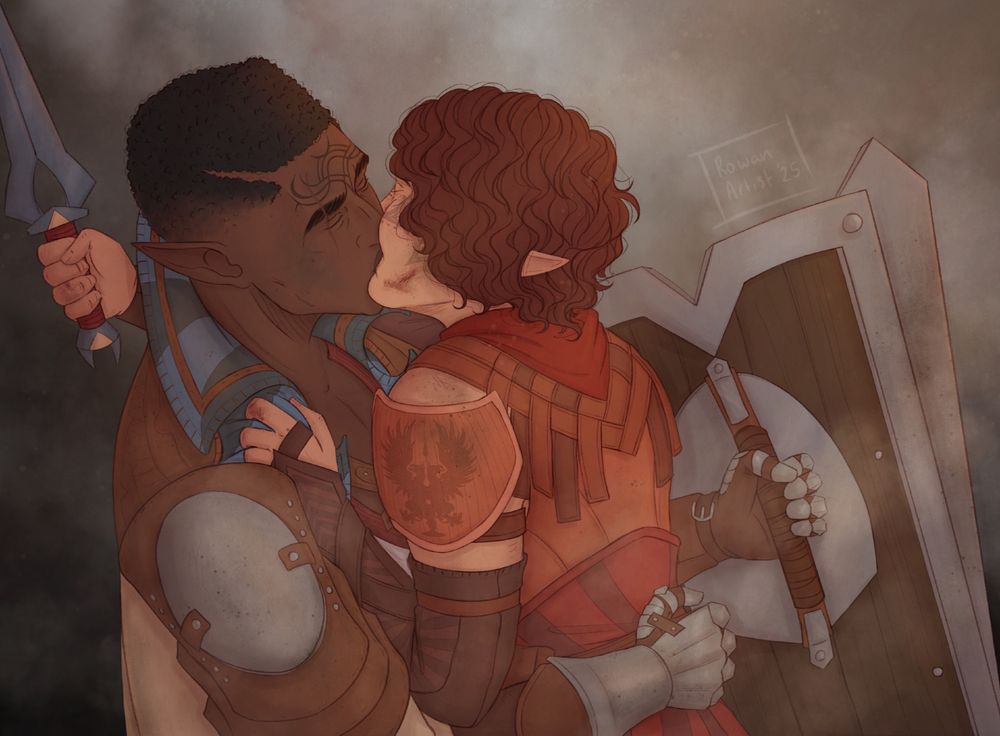 An illustration of Davrin and Rook being entangled in a desperate kiss, smoke of a battlefield rising around them. Rook is clutching onto Davrin coat with one hand, his other still holding his mage knife. Davrin has one arm wrapped around Rook's waist, the other holding his shield.