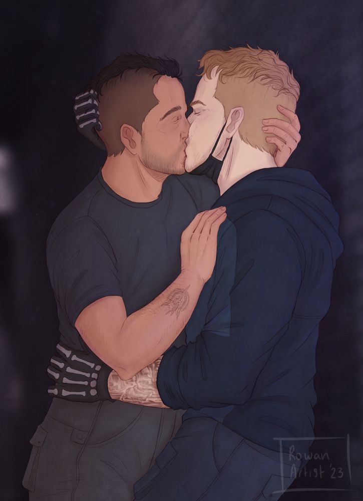 An illustration of Soap pressing Ghost against a wall in an alley, kissing him.