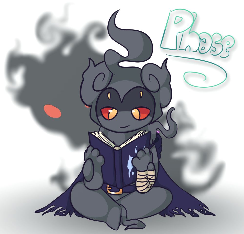 Phase, a Marshadow with a cloak, is sitting on the ground and reading his own journal. Forgetful as he is, he writes down everything that happened and every once in a while, relived them through his own words. There’s a slight smug that no one would ever see from him, telling there might be something memorable or a bit amusing he has forgotten. Behind him, is his darker self, always watching, never resting, awaiting the day he loses control of himself and be free.

What is it, really… who knows?