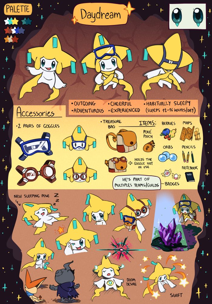 Characters reference sheet of my Jirachi, Daydream. 

Not all Pokémon are born as free people. Jirachi is a special entity from a meteorite of the cosmos, piercing through the deep end of the ground, and remained there. Over epochs, the mysterious power of the world that forms what you all know as the so-called Mystery Dungeons has shaped the environment around it into one, and Jirachi is the core that binds the underground network, known as Star Cave. The legends spread about him being capable of the wishing star power, granting anyone just one wish should they make it all the way to the end. What hasn't been told, however, is what comes with that wish…

What is it like? To be trapped in a chamber of rocks, alone and silent? There's nothing to be awake for. How long has it been since he last had consciousness? No one is there to count for. But he knows it's only 7 days before the eyes start becoming fatigued and his body shuts down gradually… It's not even the worst part. No, the worst is the moment someone has actually made it to him, and he made an actual friend… The first and also the last time he has ever seen them. Nothing remains for him the moment his eyes are shut. Decades? Centuries? How long has he slept?

It's his own purgatory. The price of having a cosmic, universe-bending power as such. And it'll always be until the end of time. Until it wasn't… by a selfless individual.

Daydream is the name he acquired by someone that meant the world to him. The dream of being out in the real world comes to realization, and his personality reflects that perfectly. Outgoing, adventurous, always being a cheerful boy to be around with. He's picked up quite a few new skills around the world. The wish-granting cannot be done without hibernation, anymore, but he's still a cosmic species capable of fending for himself. So much surrounds his nature, wondering what's the next big thing to be discovered…

Visualized by Flavia-Elric.