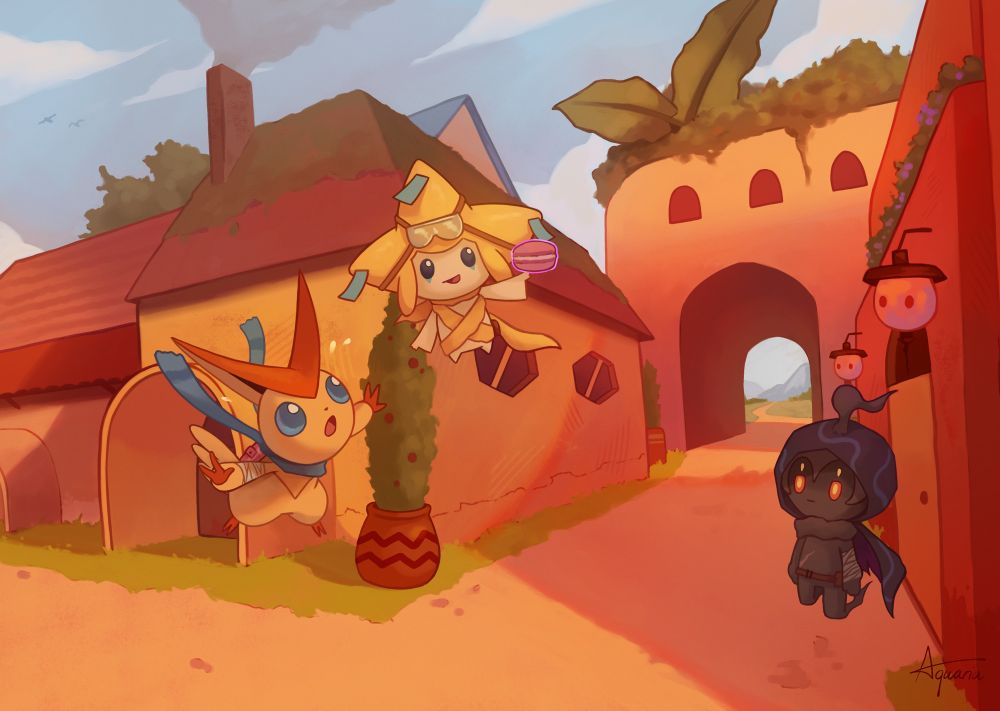 An illustration of the Wanderers, as they travel together around the world. They're making a stop at a village, taking a rest before continuing on their path. Charge (Victini) is struggling to get back his macaron that Daydream (Jirachi) snatched from him as a prank. Phase (Marshadow) is standing at a corner in the shadow of a house, watching over both the flying boys playing with each other, with an uninteresting, unreadable face.

Illustrated by Aquaria.