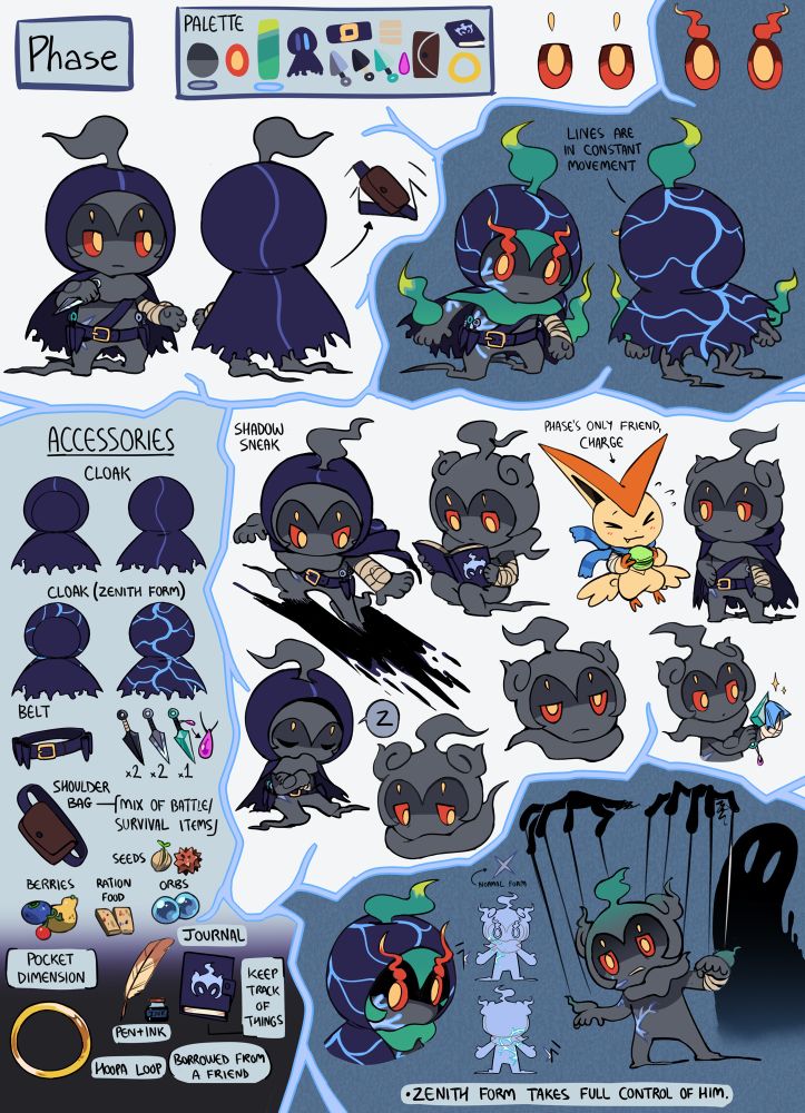 Characters reference sheet of my Marshadow, Phase. 

Born from the ashes of an unknown Pokémon… character? From thousands of years ago, with the help of his now caretaker, Ho-Oh, he's come to life as the embodiment of shadows. Since then, he has picked up a lot about the world and, especially, the mysteries behind his origin (most of which are still shrouded).

It should not fool you that he has always been this moody for his whole life. He used to live a great life, curious and outgoing. Always eager to learn. But something has changed his core… or someone has. The miseries brought to him has put a toll on his life, making him unable to feel relieved. His mind is forgetful, it has long since lost the feelings of life. Can't distinguish smell or taste, and almost not possible to burst out emotions. Imprisoned by his own mind, he only knows to survive, of which his learning mind is still capable. And he hides a dark secret about himself, one that could spell catastrophe if it was let loose…

No one should try to approach him, he’s dangerous and somewhat violent. He only needs his own personal space, and will try to defend it at all costs. Until he met someone that was almost like a remedy to his doomed solitude, a certain Victin, who is so innocent he never even thinks of putting his guard on for. It's unknown why he decides to travel with him, but it works. The first and only friend he ever has.

Visualized by Flavia-Elric.