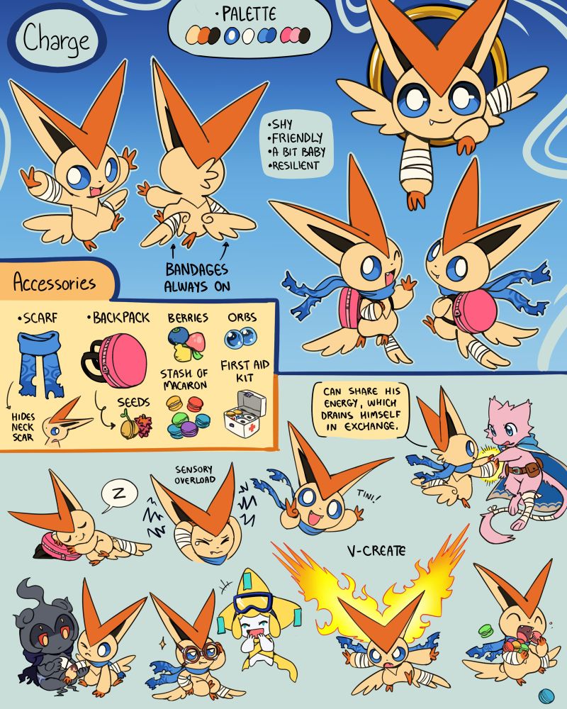 Characters reference sheet of my Victini, Charge. 

Most of the history around him is lost to the void. He's been alone for… how long? Thousands of years? His domain are the forests where he finds a peaceful life, away from almost every kind of civilization (but sometimes he can't resist the call of his belly for macarons at some village stores). 

His first and most important friend, curiously, is a Marshadow named Phase. It's weird that such a species known for its solitude and antisocial behaviors have interests of following him, let alone being his friend. But why? He won't tell. All that's present is that Phase is his protector.

Charge can't battle as great for a Pokémon. As a Victini, he can share his energy to help others in a clutch, but he himself is unable to generate infinite power… so it comes with the cost of his own stamina. He's extremely shy, almost like a kid, but kind to anyone he meets. Loud noises easily give him a panic attack. However, when all odds are against him, the tremendous energy will give him that burst to push through even the most dreaded situations.

Visualized by Flavia-Elric.