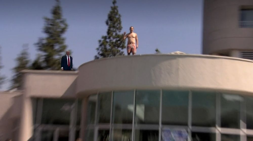 Donald Trump photo-shopped onto a roof with Buster Bluth.