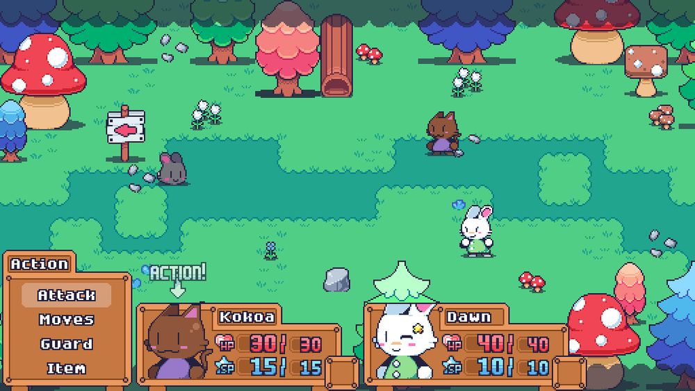 A battle screen showing Kokoa and Dawn facing off against a Dusto in Which Way Woods.

(It's weird that they're here of all places.)