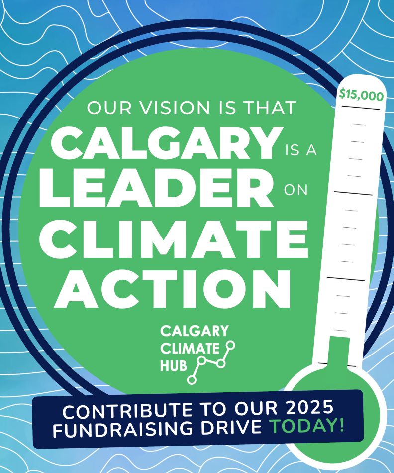 Fundraising poster reads "we educate & empower Calgarians to become active climate citizens - contribute to our 2025 fundraising drive today!" Hub logo + donation meter shows 15K target and raised funds at just under 2K