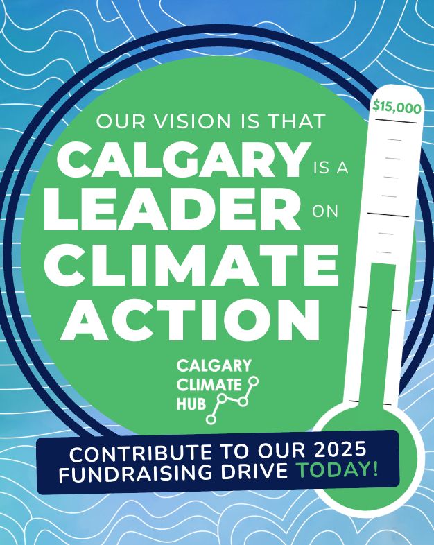 Fundraising poster reads "we educate & empower Calgarians to become active climate citizens - contribute to our 2025 fundraising drive today!" Hub logo + donation meter shows 15K target and raised funds at just shy of $7500