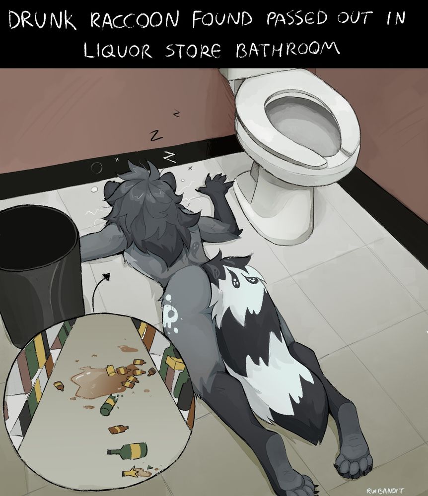 Drunk raccoon laying face first on the bathroom floor with extra view of the destruction they caused in the liquor store