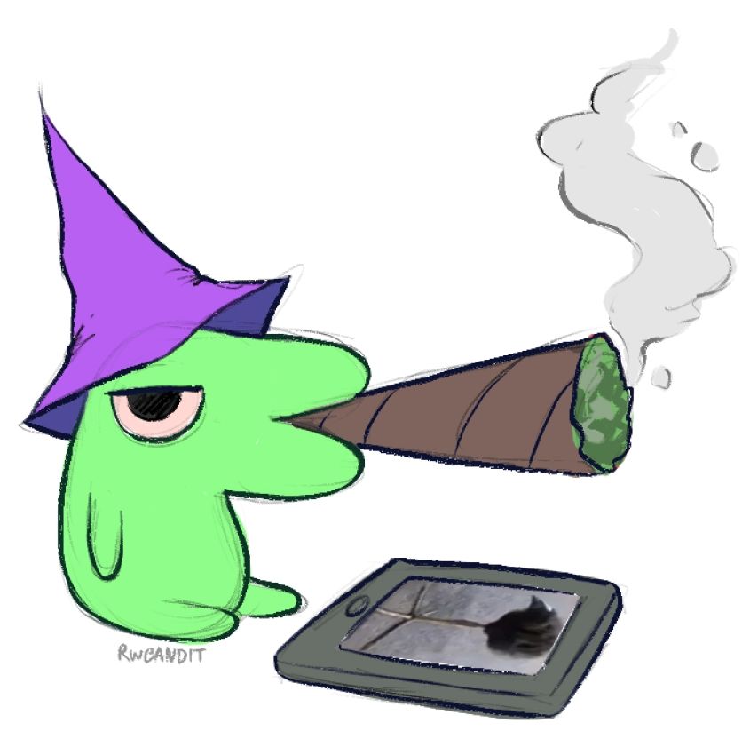 Glep smoking a massive blunt while looking at a pukeko chick on his tablet 