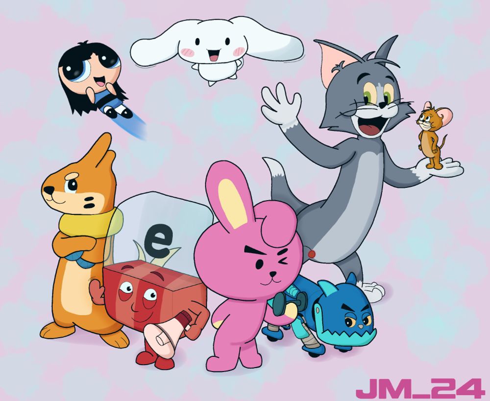 Clockwise from the top: Cinnamoroll from Sanrio, Tom & Jerry from their eponymous cartoon, Robot Cat also from T&J, Cooky from BT21, E from Alphablocks, Buizel from Pokemon, and Minji from NewJeans x Powerpuff Girls 