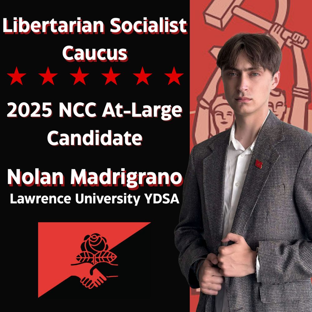 Nolan looks at the camera while wearing a herring bone Gray suit.  On the left column there is a section that says Libertarian Socialist Caucus and 2025 NCC at large candidate with Nolan's name and Lawrence University Y DSA with the LSC logo of a bisected red and Black Flag with the DSA rose and handshake . 