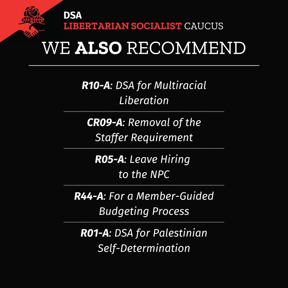  DSA LSC flag in top right corner. Header text: DSA LSC We also recommend. Solid white line below header. List separated by white dotted lines that says:
R10-A: DSA for Multiracial Liberation
CR09-A: Removal of the Staffer Requirement
R05-A: Leave Hiring to the NPC
R44-A: For a Member-Guided Budgeting Process
R01-A: DSA for Palestinian Self-Determination