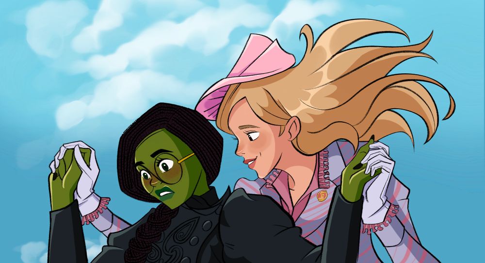 Illustration of Elphaba and Glinda. Glinda is wearing her Shiz uniform, Elphaba is wearing her outfit from the beginning of Wicked Part 1. They are flying in the air like the meet cute scene in Howl's Moving Castle. Elphaba looks nervous while Glinda smiles at her.