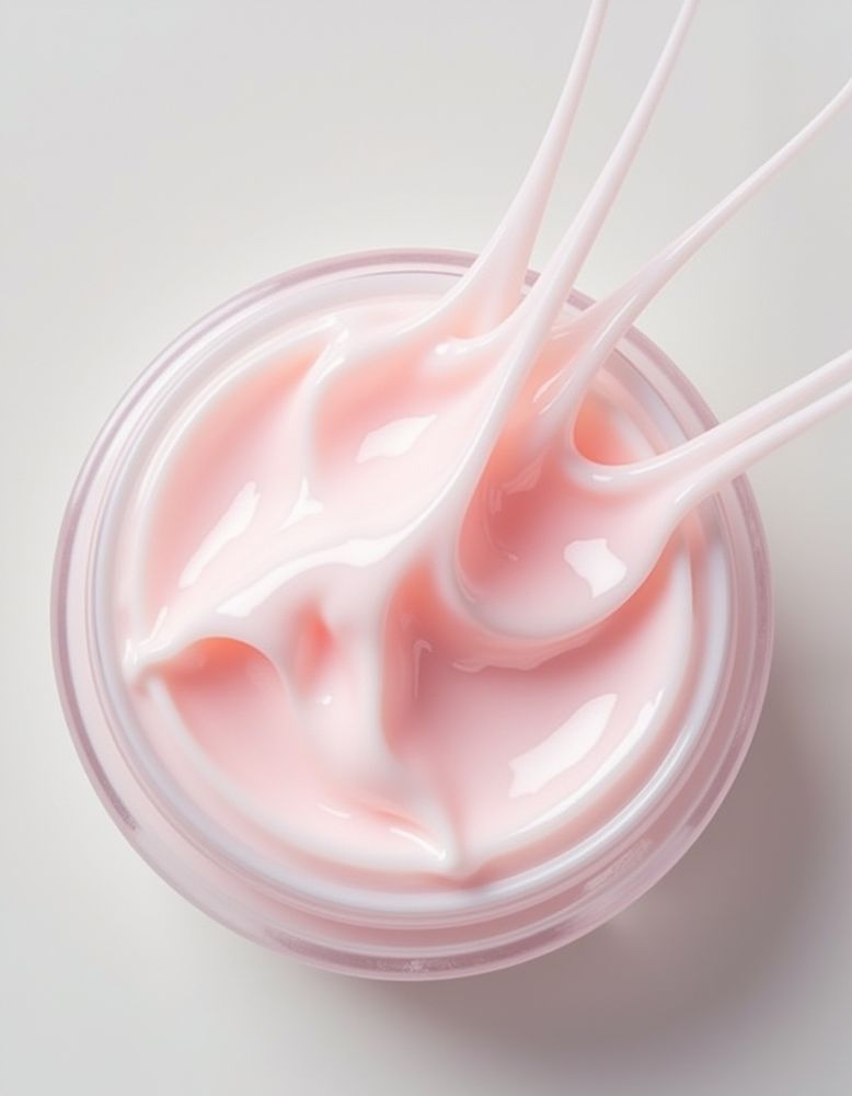 View from above of an open round container holding a smooth, light-pink cream. several stretched peaks of the cream above the jar’s rim. The jar rests on a flat, neutral-toned surface.