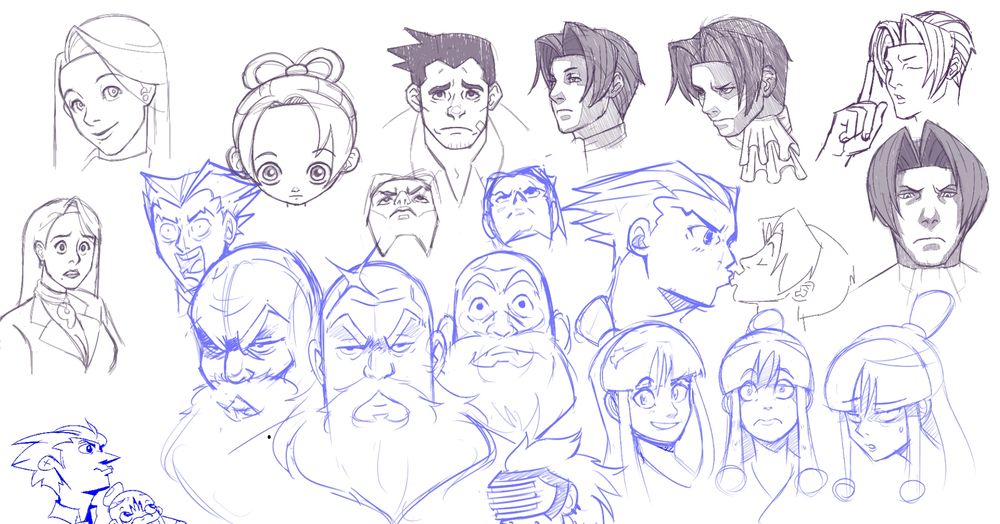 A bunch of Ace Attorney character drawings - some serious style studies, some sillier sketches.