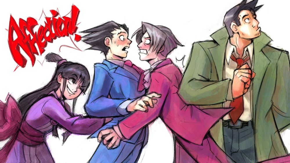 Phoenix Wright and Miles Edgeworth are being sneakily shoved together by Maya Fey and Dick Gumshoe.  The word "AFFECTION!" appears above them in the iconic "OBJECTION!" style.