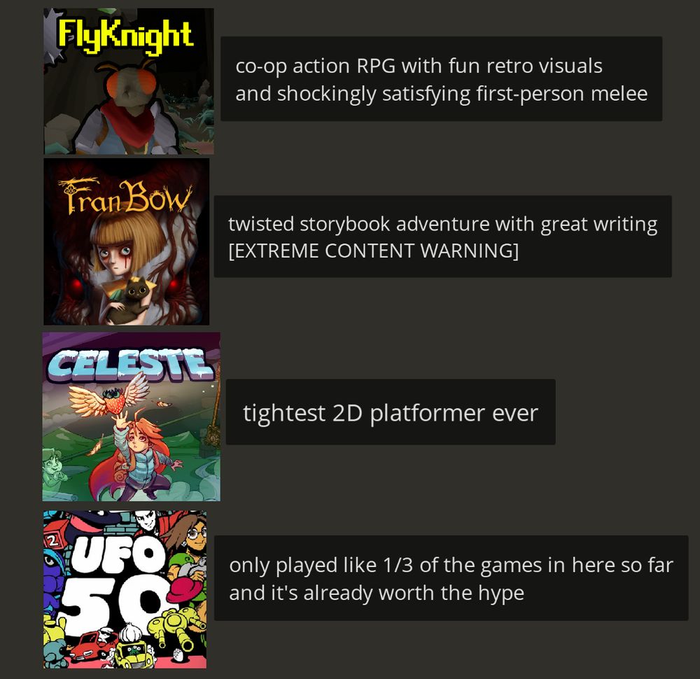 FlyKnight
Fran Bow
Celeste
UFO 50