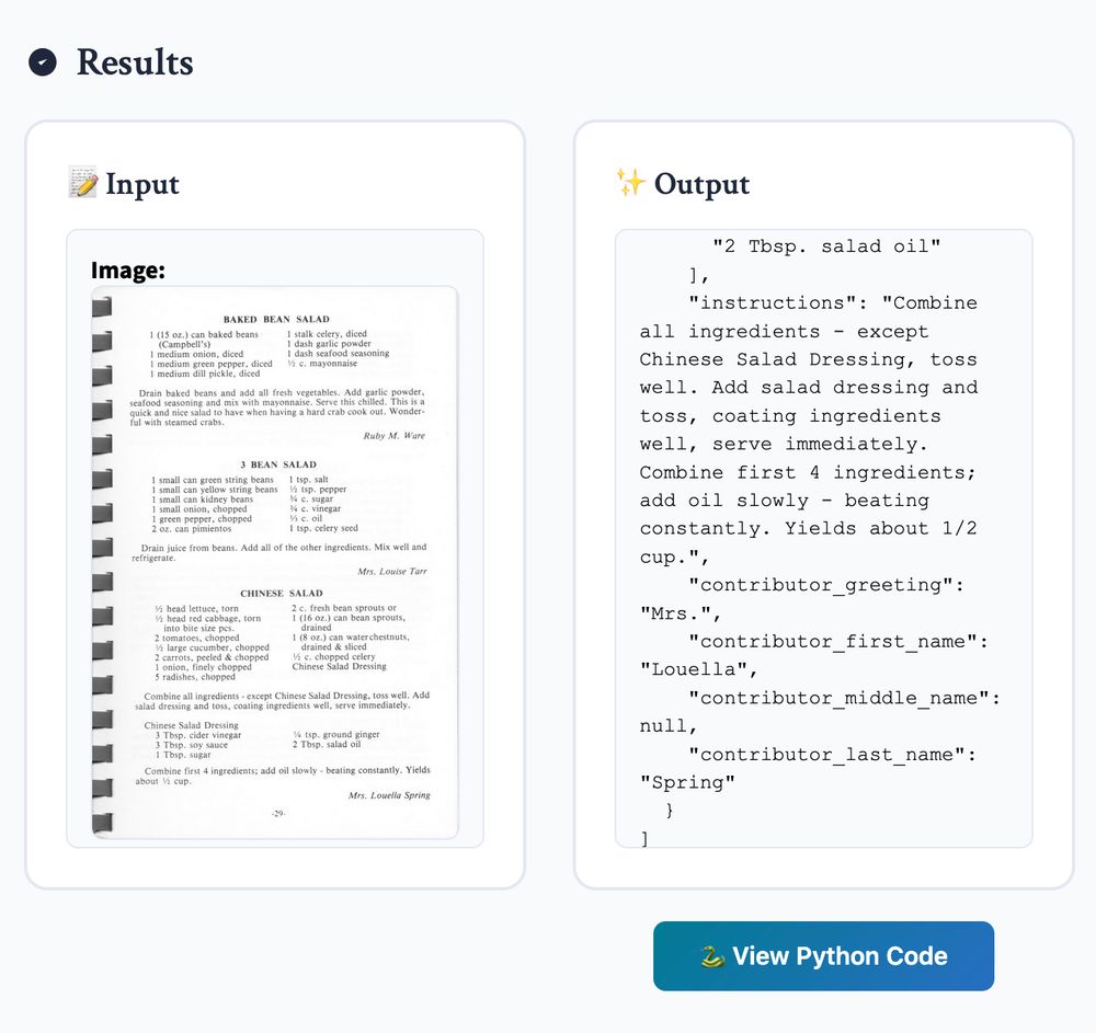 side by side of cookbook text being parsed to JSON