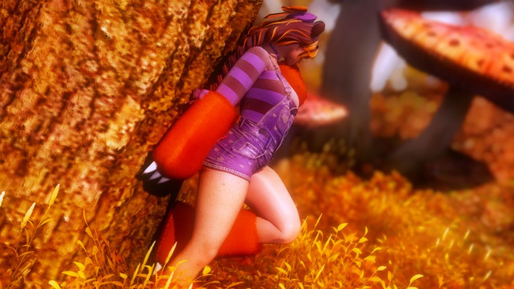 Day 1 - autumn glam - Sage has her autumn coloring for her highlights and paws and is wearing a purple shorts overall and purple striped sweater while leaning against a tree, looking away from the camera towards a very large mushroom