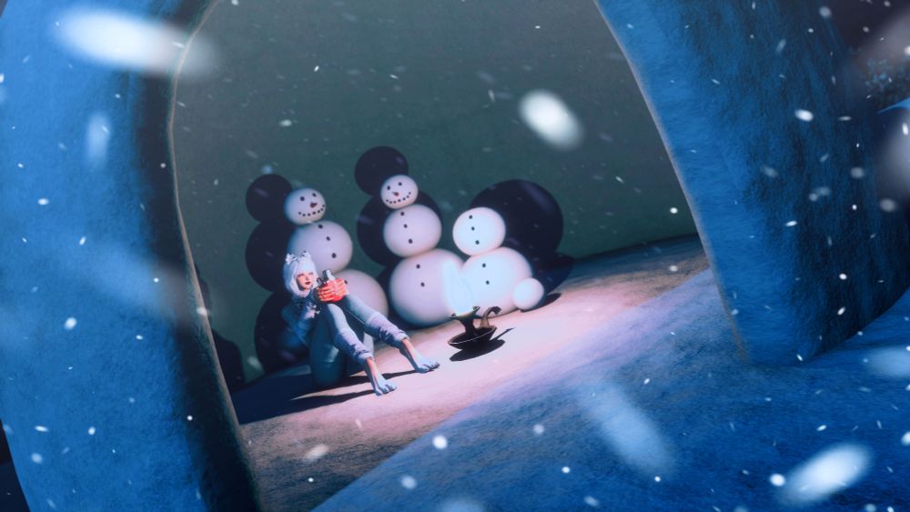 Chione is sitting out in the snow, inside an igloo, with snow men behind her, wearing a cozy looking winter outfit and holding a mug of cocoa