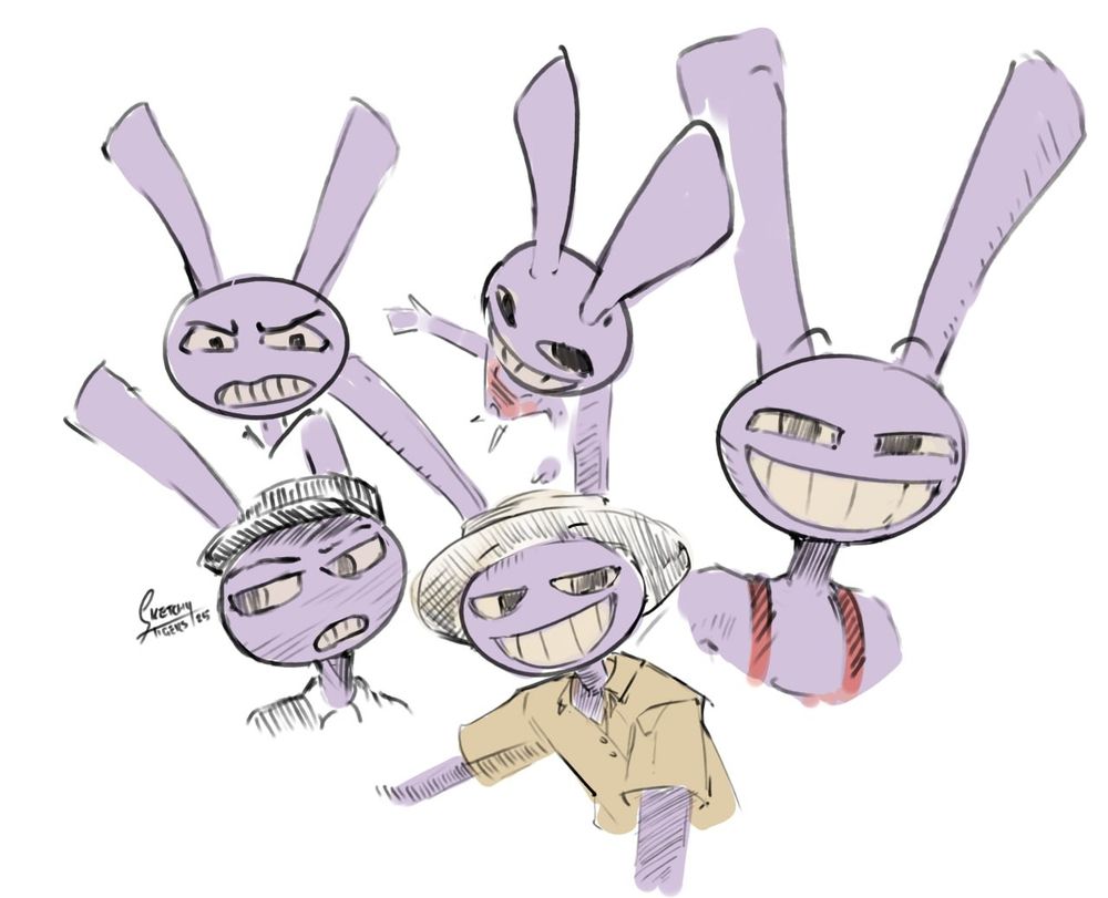 a handful of digital sketches of the character Jax from the animated series 'The Amazing Digital Circus'. He is an anthropomorphic purple rabbit, a menace, and a frequent fan favourite. He is also a prototypical Tumblr sexyman.