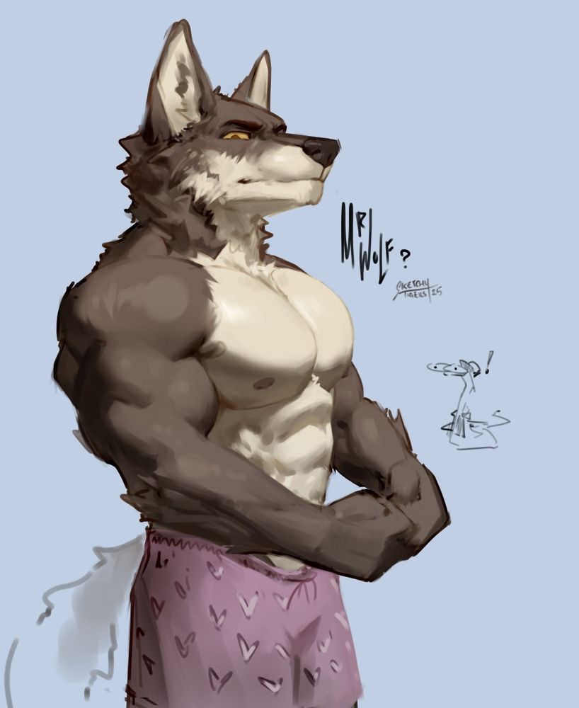a particularly muscular and handsome rendition of Mr Wolf from the animated movie series "The Bad Guys".