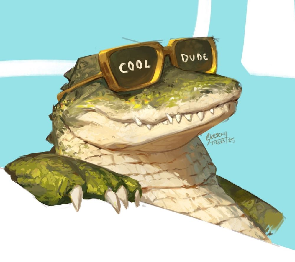 a stylised digital painting of an alligator or crocodile sitting in an implied car, with his arm resting on the open window. he is wearing gold classes which have "cool dude" written across the lenses.