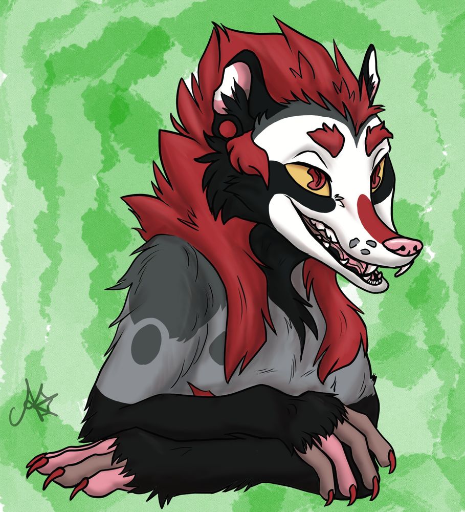 Possum, racoon hybrid, looking to the right, grinning with their mouth slightly open, showing pointy teeth.