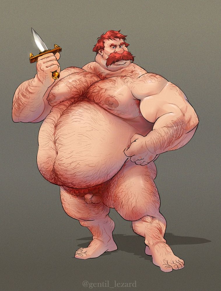 An illustration of Sir Ector, a character from the animated movie "The Sword in the Stone". He's naked, holding a dagger.