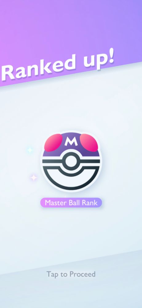 Pokemon Trading Card Game Pocket ranked up screen shows the master ball icon and says "Master Ball Rank"
