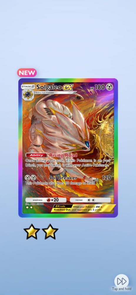 Screenshot from the mobile game Pokemon TCG Pocket. Shows a Solgaleo EX card of 2 star rarity. The art on the card depicts Solgaleo leaping and twisting its body around a golden sun. A volcano with lava running down the sides against a red and orange sky can be seen in the background.