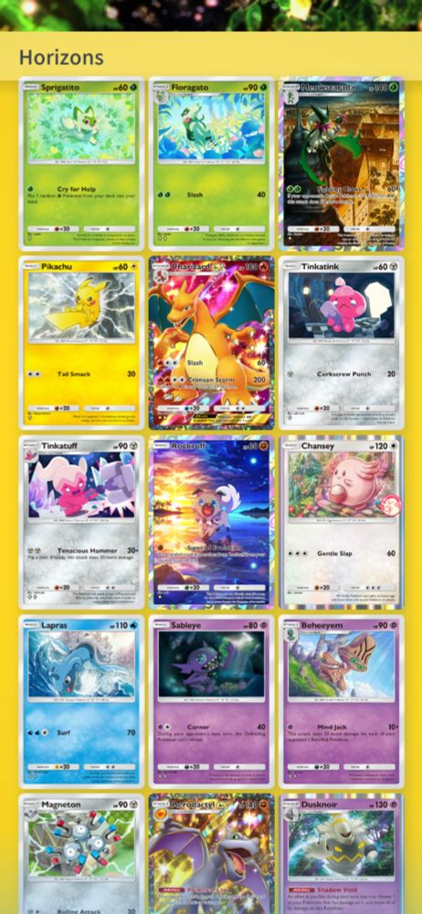 A collection of Pokémon cards from the mobile game Pokémon TCG Pocket. This picture shows the cards for Sprigatito, Floragato, Meowscarada, Pikachu, Charizard, Tinkatink, Tinkatuff, Rockruff, Chansey, Lapras, Sableye, Beheeyen, Magneton, Aerodactyl and Dusknoir.