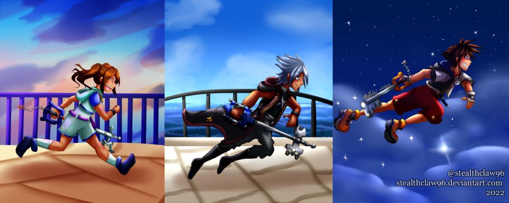 Kingdom Hearts fanart. Depicts a progression through the different eras in the Kingdom Hearts universe. Starts from the left with my player character avatar for Kingdom Hearts Union Cross and original character, Momoka, running through Daybreak Town. Her segment represents the Age of Fairytales. The next part in the middle shows a young Xehanort, as he is depicted in Kingdom Hearts Dark Road. He is gaining speed as he propels forward, running through Scala ad Caelum. His segment represents the days when keyblade wielders congregated in Scala ad Caelum. This is followed by the final segment, showing Sora as he is depicted in Kingdom Hearts 1. He has lifted off the ground and is flying through a starry night sky. His segment represents the present day in Kingdom Hearts.