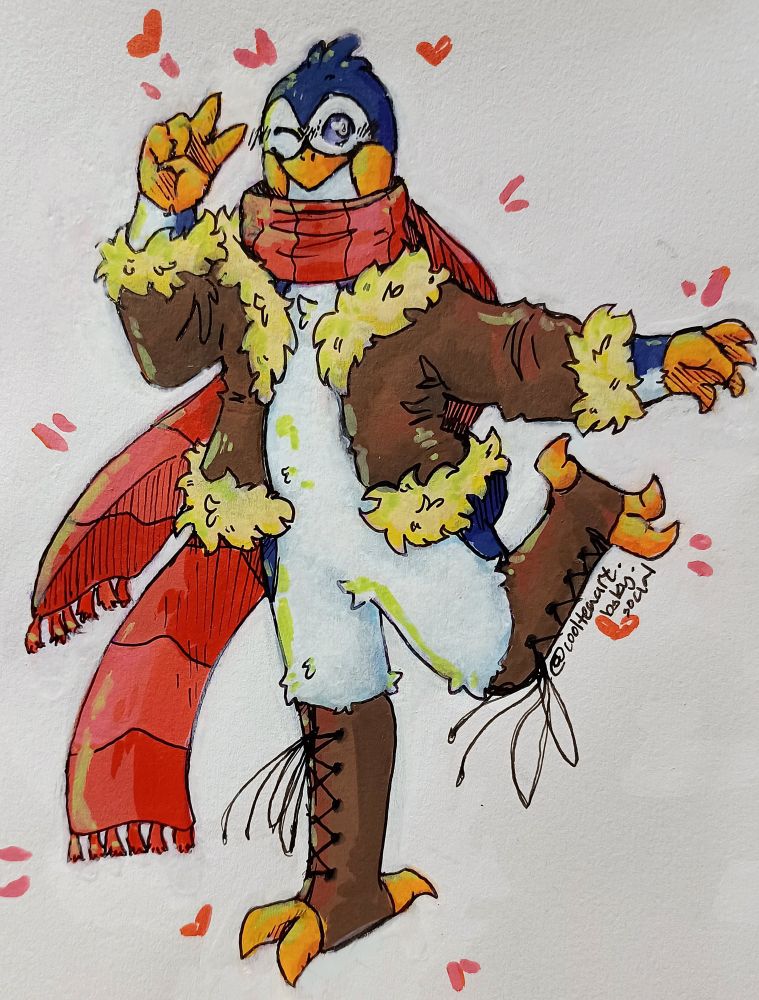 A drawing of LeonSBU from Skyblock Kingdoms SMP season 2 made with acrylic markers. 

Leon (anthropomorphic penguin) is wearing a brown coat with a fluffy cream-colored fur lining, a pinkish-red striped scarf, and laced leg guards (in place of boots, since he is a penguin with penguin feet).
