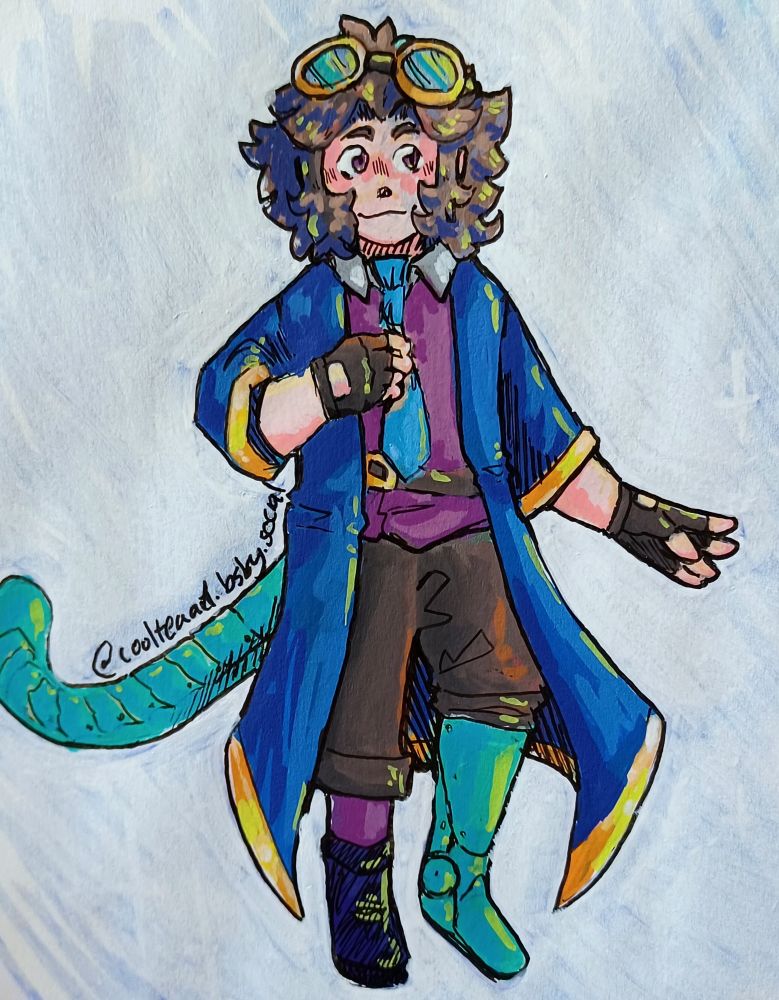 a drawing of Avid from Skyblock Kingdoms season 2 on an off-white background. It is colored with acrylic markers.

He has a blue copper leg and articulated tail made of the same material. He has a dark blue coat, purple vest, brown pants, fingerless gloves, a light blue tie, and goggles on his forehead.