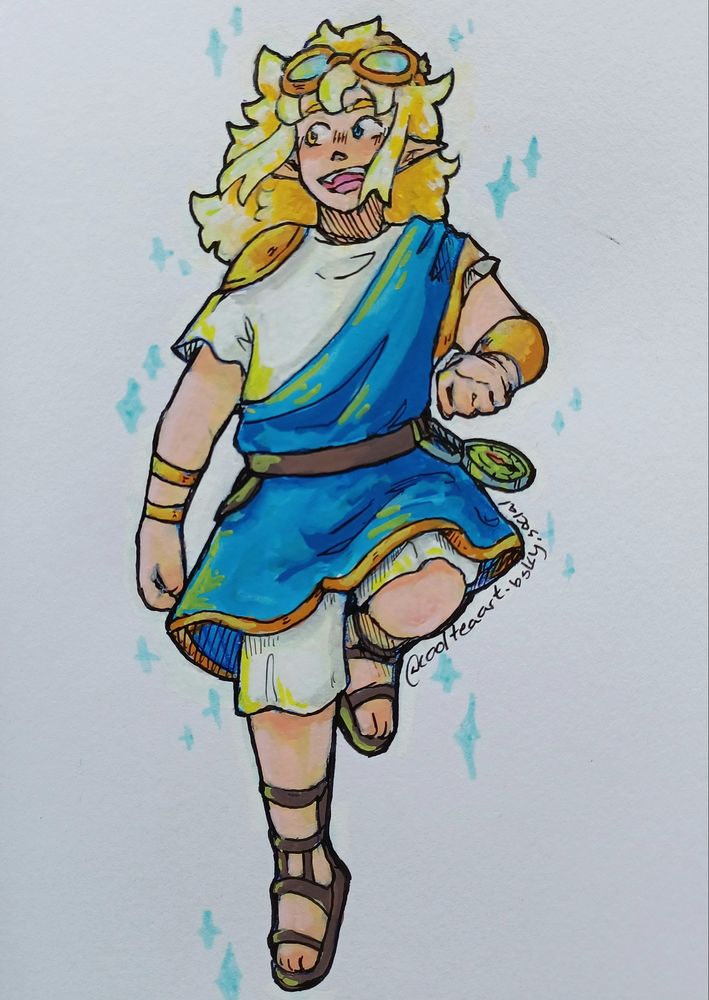 A drawing of Vikingpilot from Skyblock Kingdoms SMP season 2 made with acrylic markers. 

Viking is wearing a light blue toga over a white tunic, a pair of brown sandals, goggles, bracelets, and his compass is hanging from his belt. 