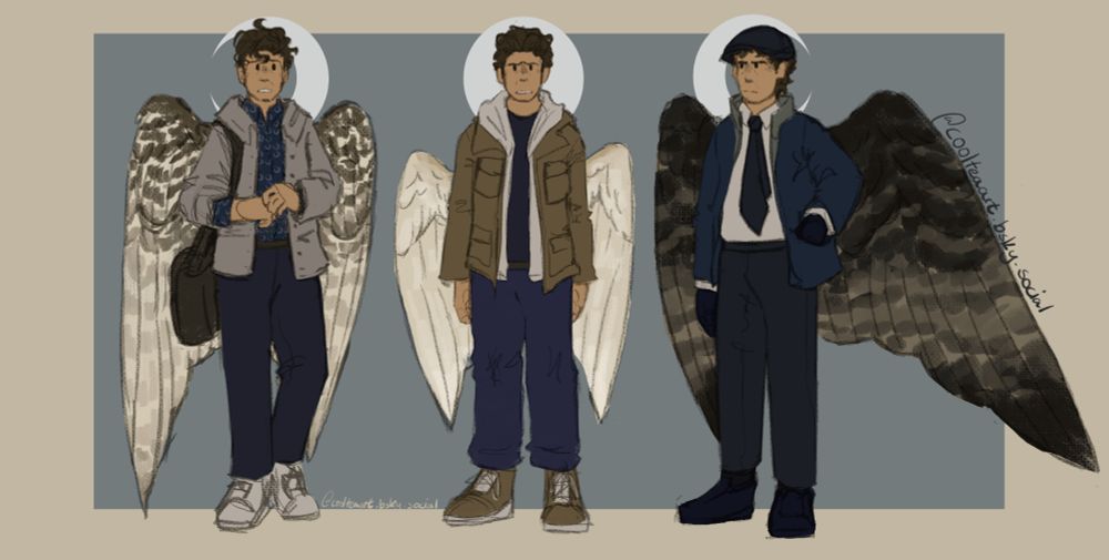 A version with all three of the previous drawings together. All of the boys are drawn digitally and have a blue and cream background, with moon symbols behind their heads.