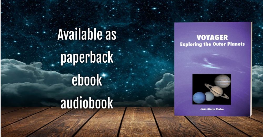 Cover of Voyager: Exploring the Outer Planets with images of Jupiter, Saturn, Uranus, and Neptune. Available as paperback, ebook, audiobook